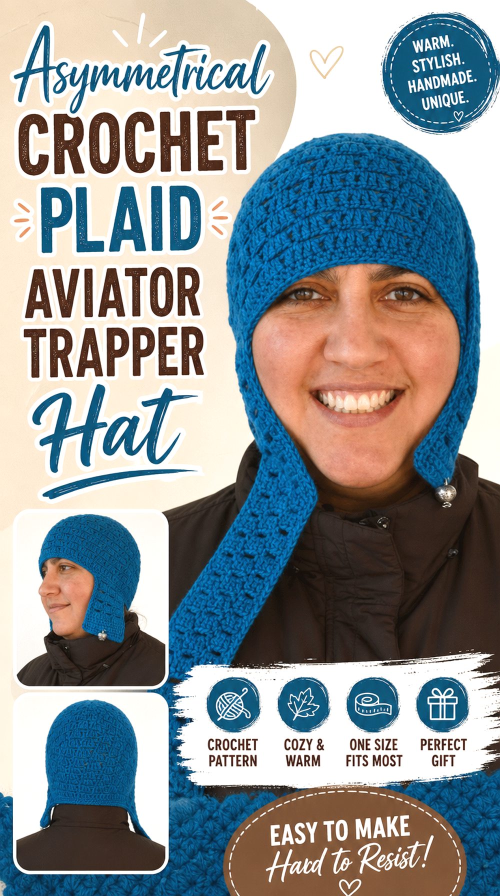 Asymmetrical Crochet Plaid Aviator Trapper Hat