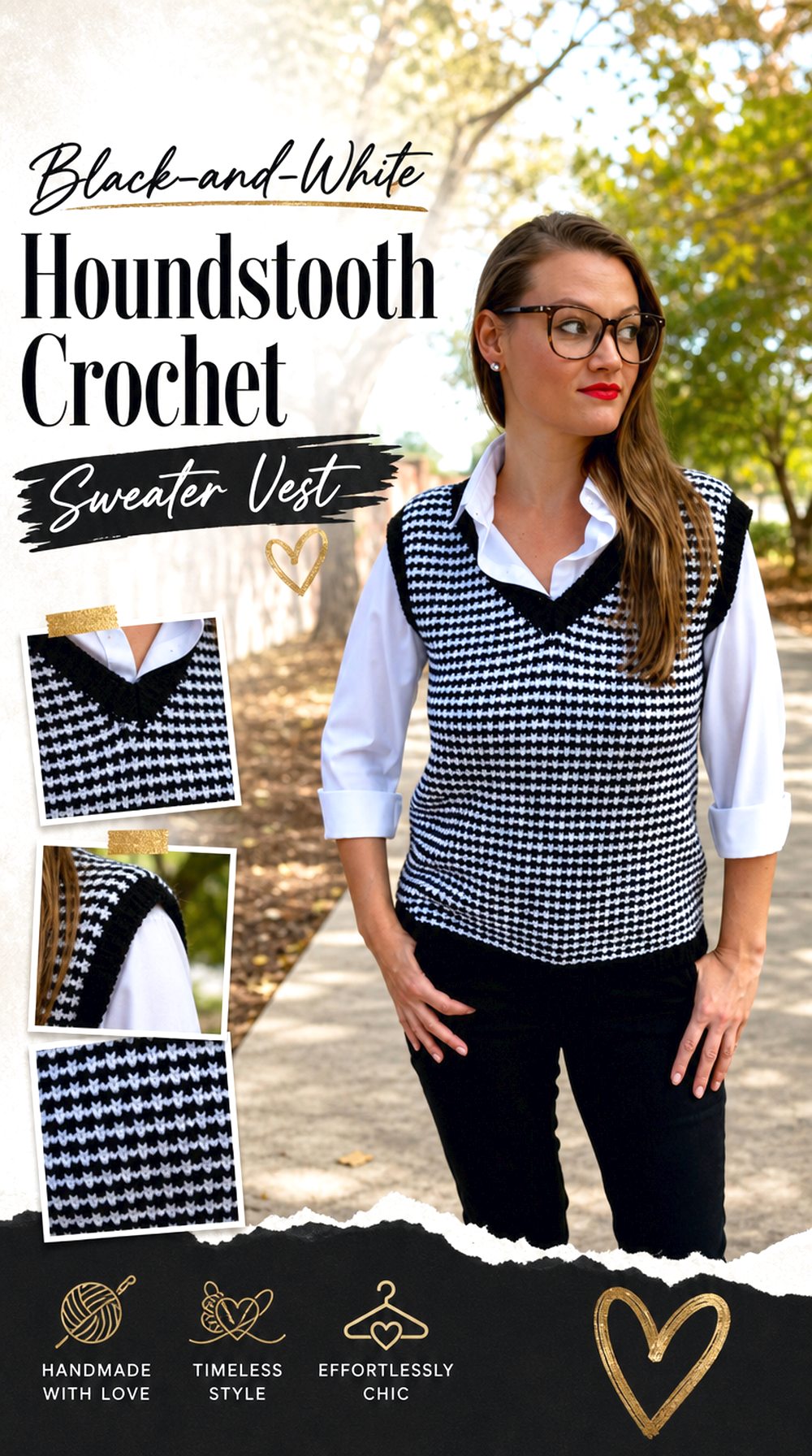 Black and White Houndstooth Crochet Sweater Vest