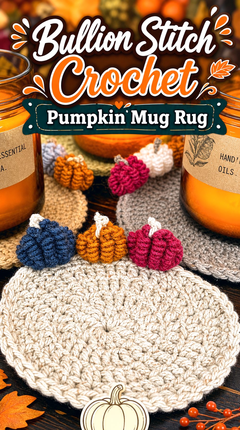 Bullion Stitch Crochet Pumpkin Mug Rug