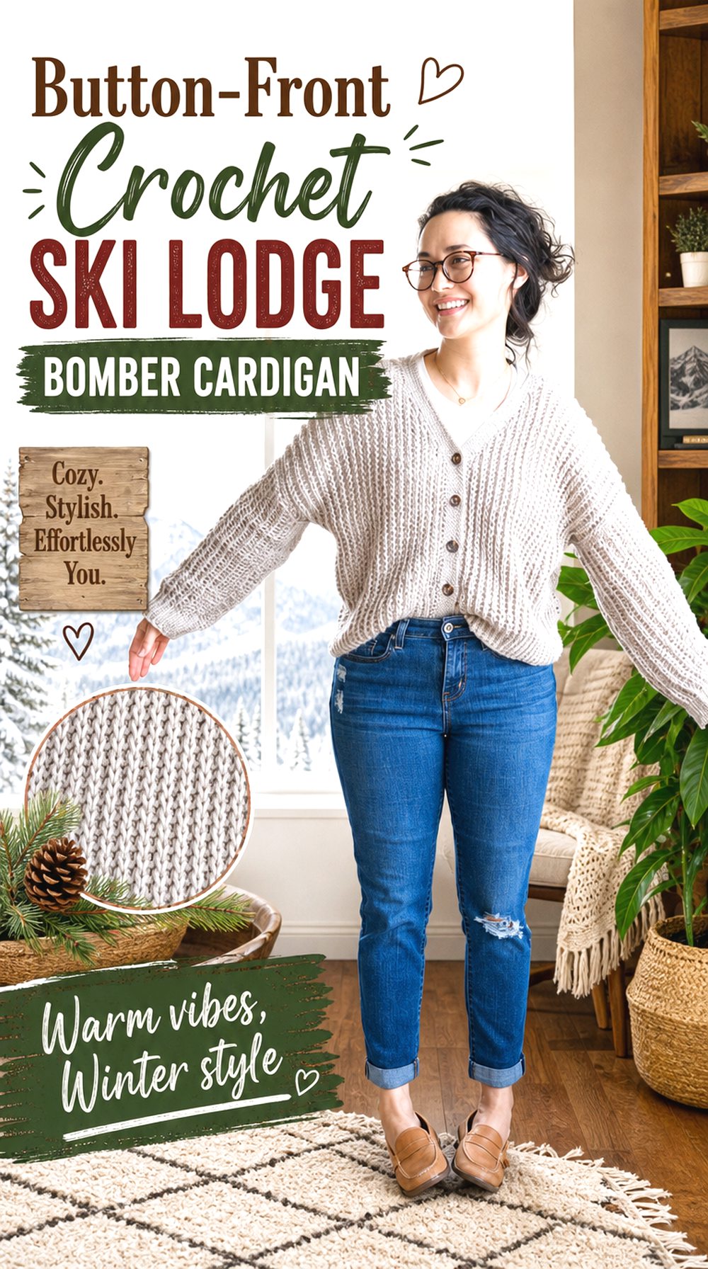 Button Front Crochet Ski Lodge Bomber Cardigan