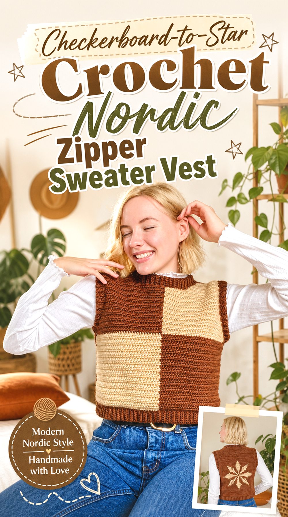 Checkerboard to Star Crochet Nordic Zipper Sweater Vest