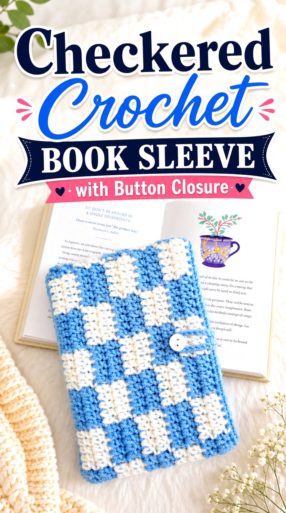 Checkered Crochet Book Sleeve with Button Closure