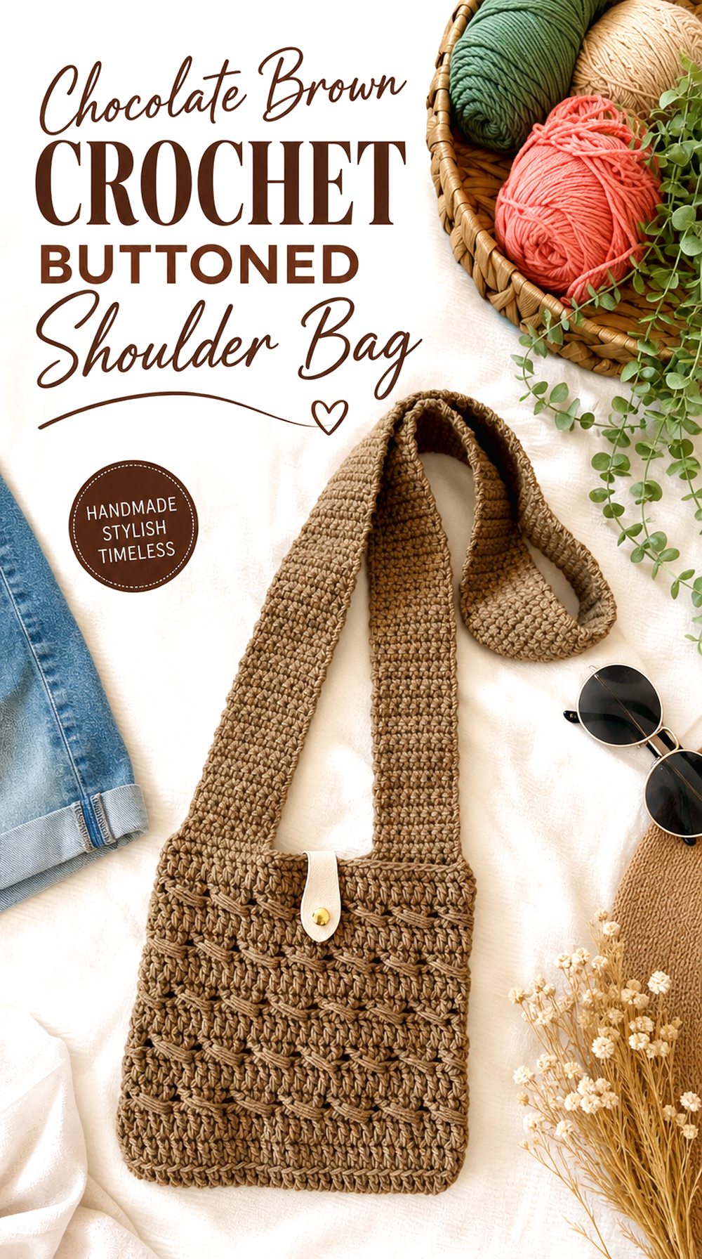 Chocolate Brown Crochet Buttoned Shoulder Bag