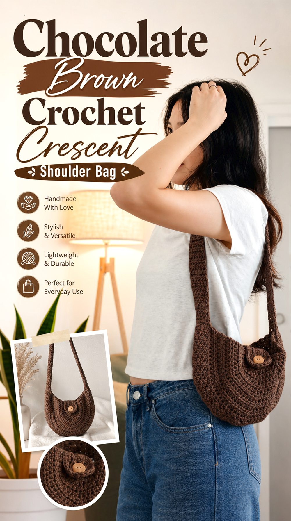 Chocolate Brown Crochet Crescent Shoulder Bag