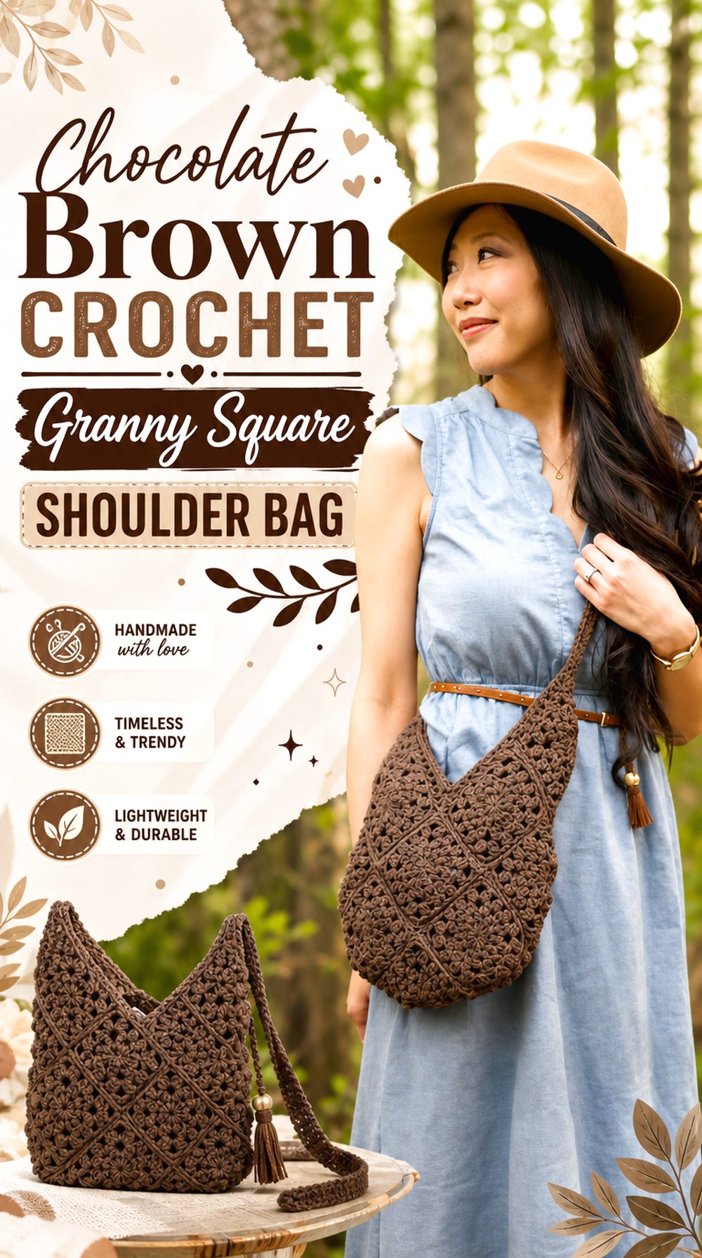 Chocolate Brown Crochet Granny Square Shoulder Bag