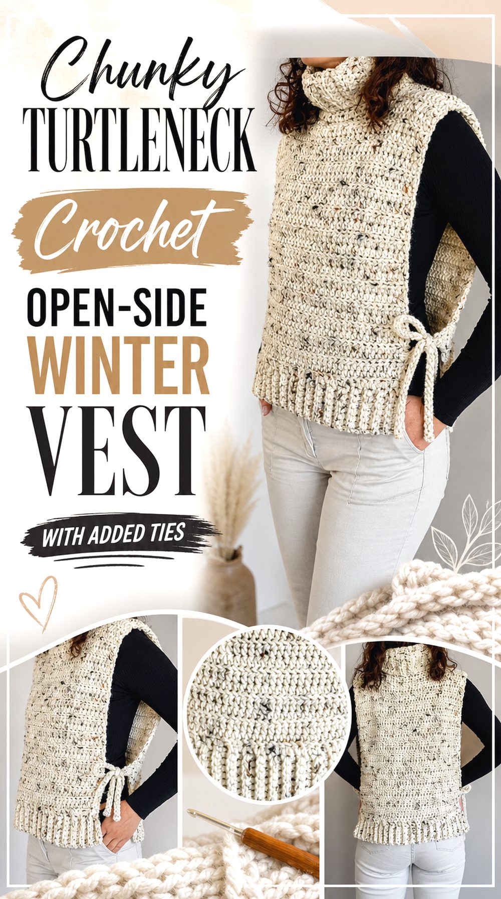 Chunky Turtleneck Crochet Open Side Winter Vest with Added Ties