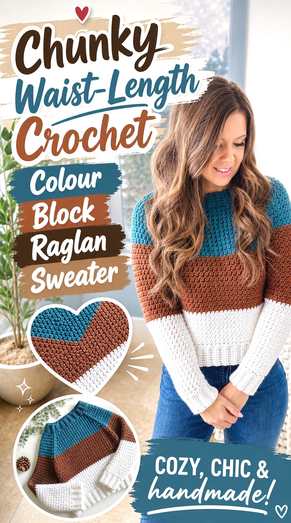 Chunky Waist Length Crochet Colour Block Raglan Sweater