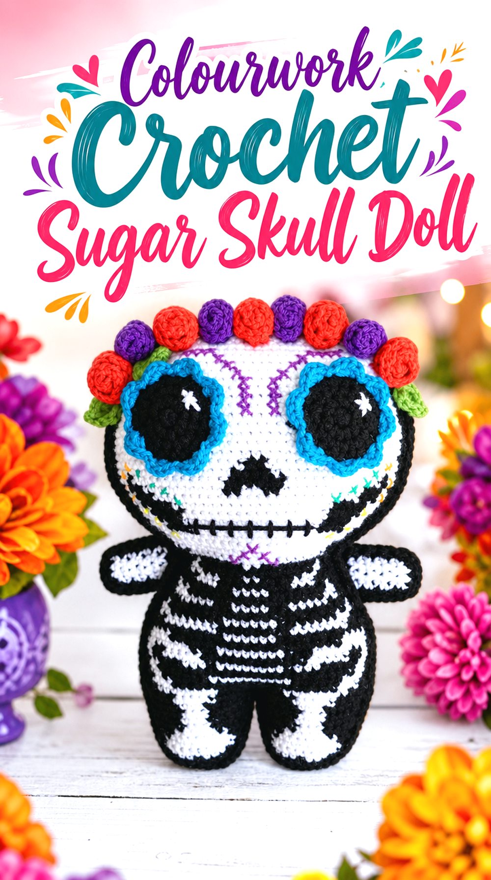 Colourwork Crochet Sugar Skull Doll