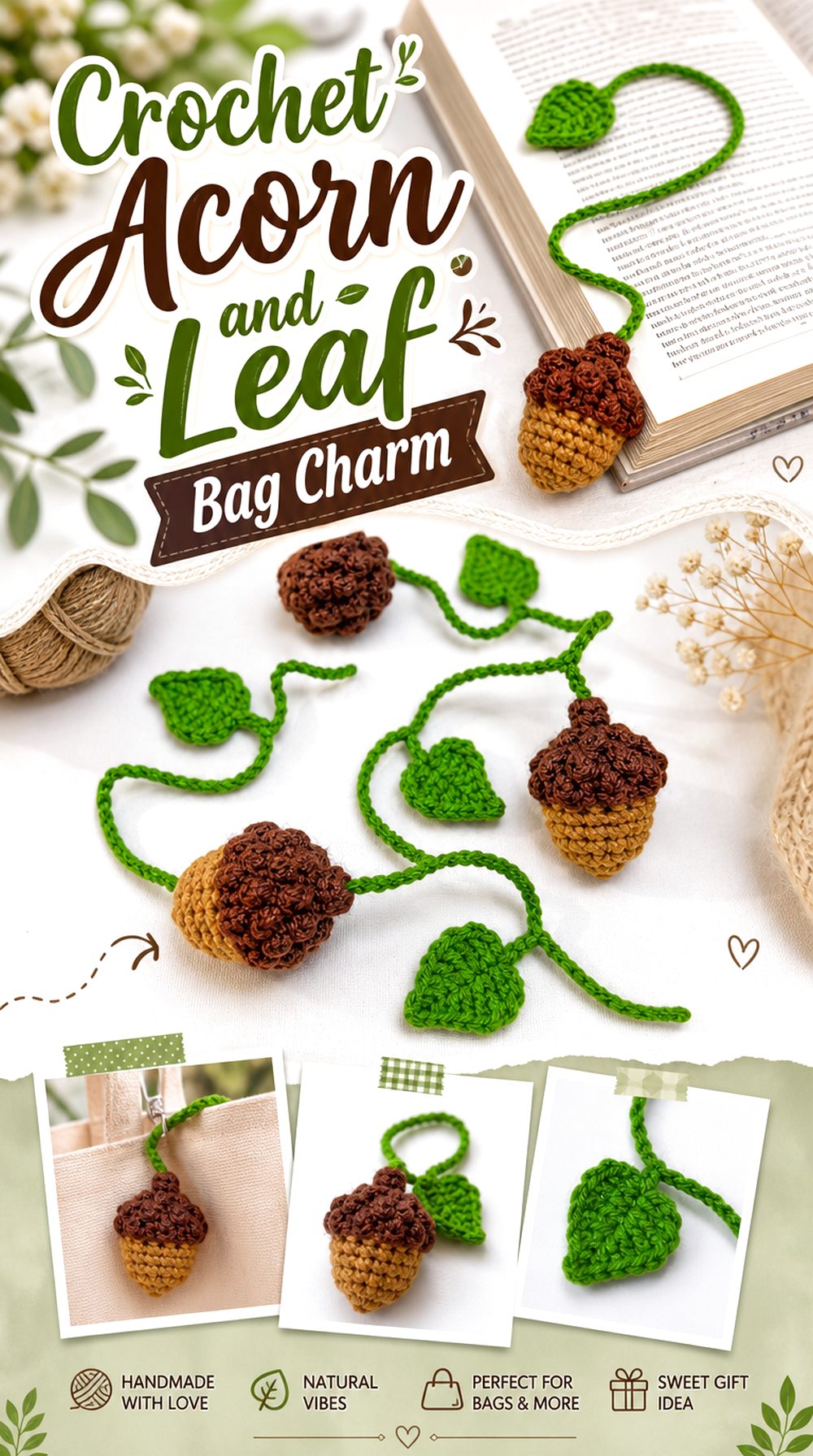 Crochet Acorn and Leaf Bag Charm