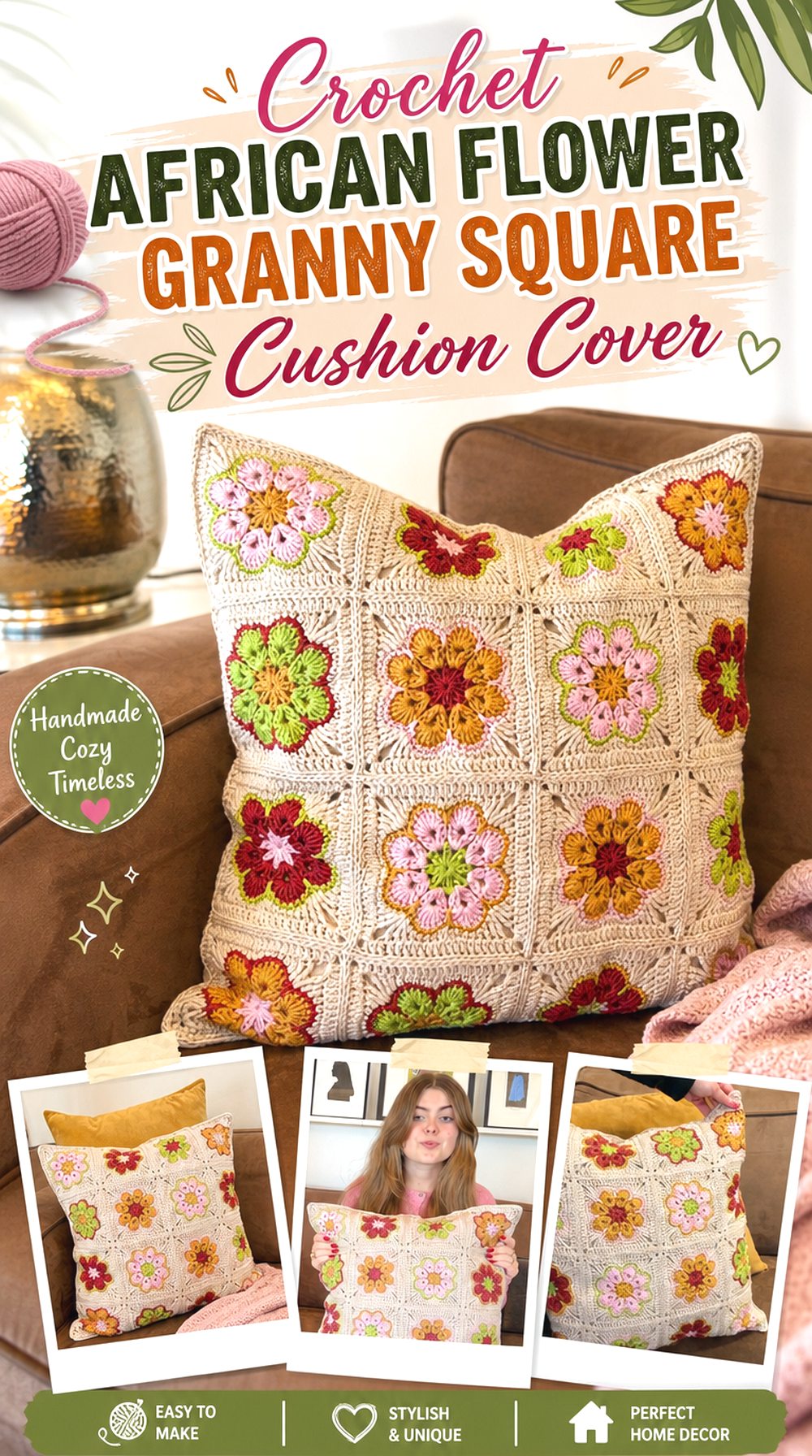 Crochet African Flower Granny Square Cushion Cover