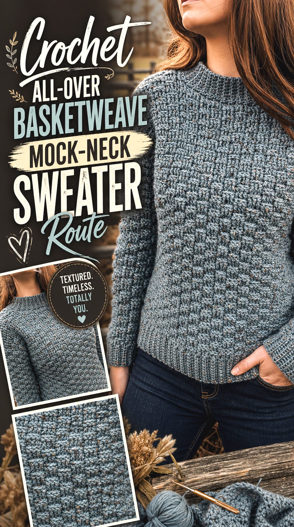 Crochet All Over Basketweave Mock Neck Sweater Route