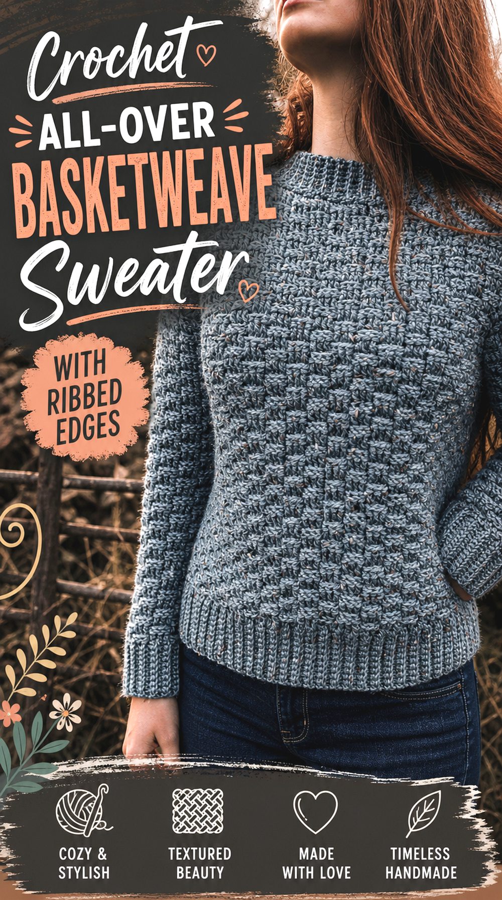Crochet All Over Basketweave Sweater with Ribbed Edges
