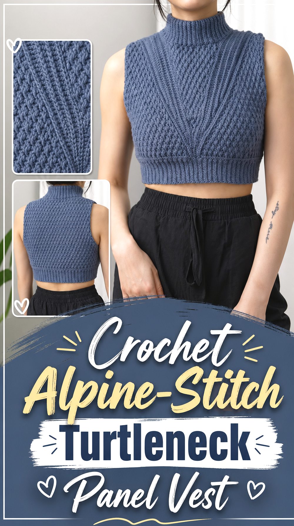 Crochet Alpine Stitch Turtleneck Panel Vest