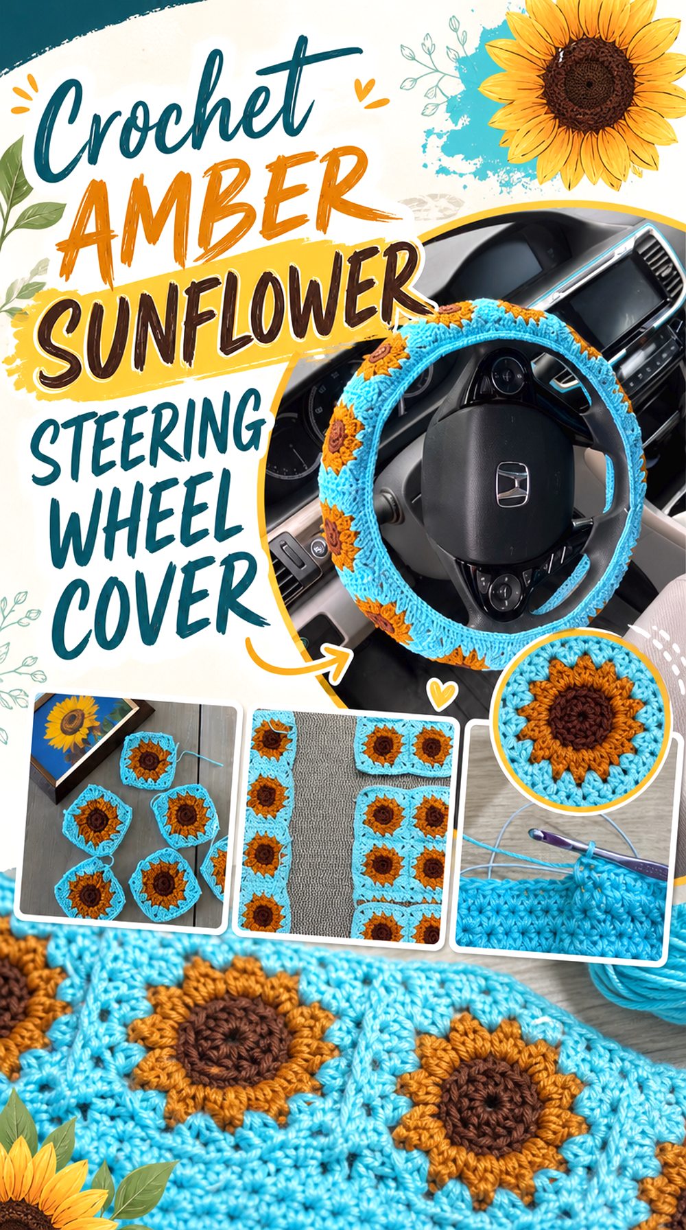 Crochet Amber Sunflower Steering Wheel Cover