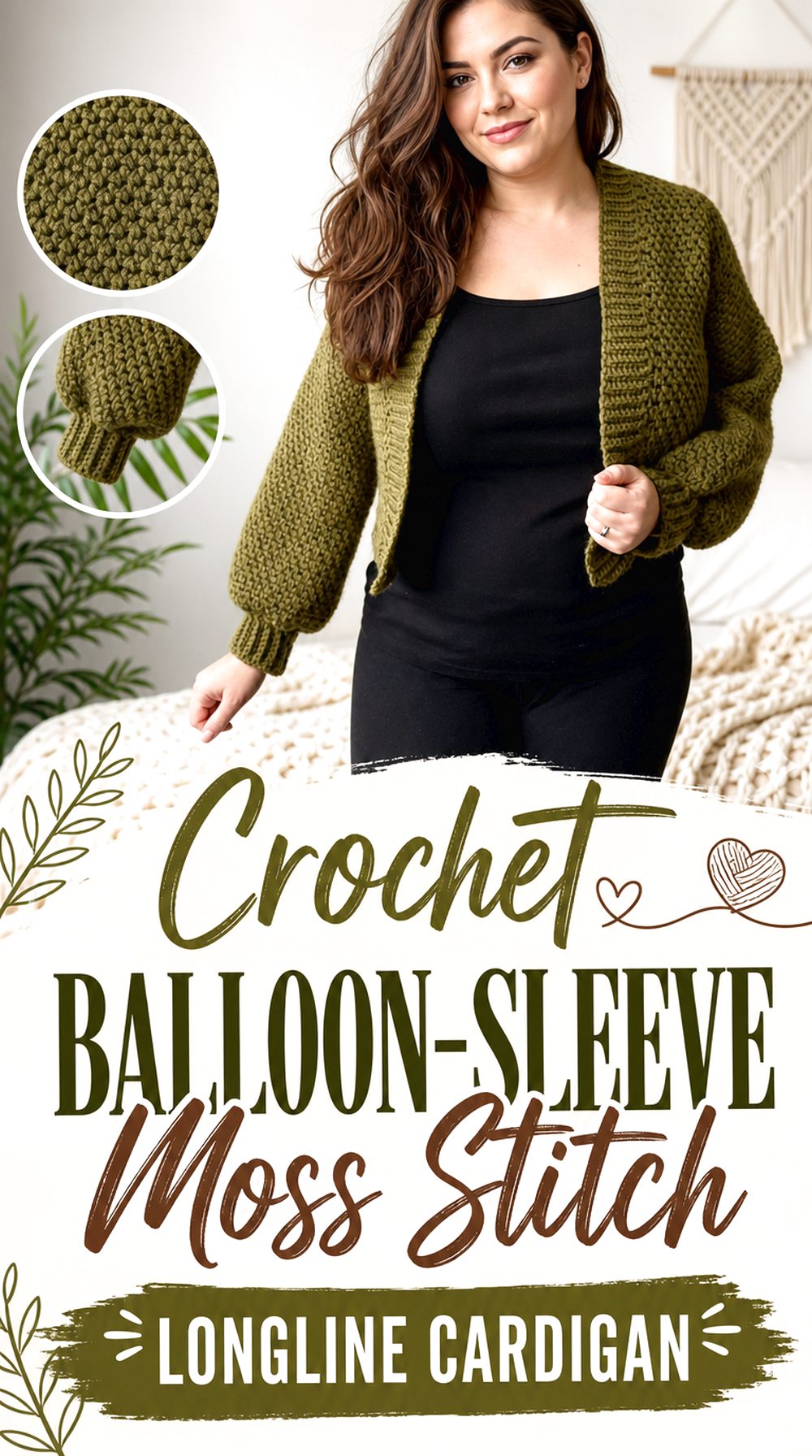 Crochet Balloon Sleeve Moss Stitch Longline Cardigan