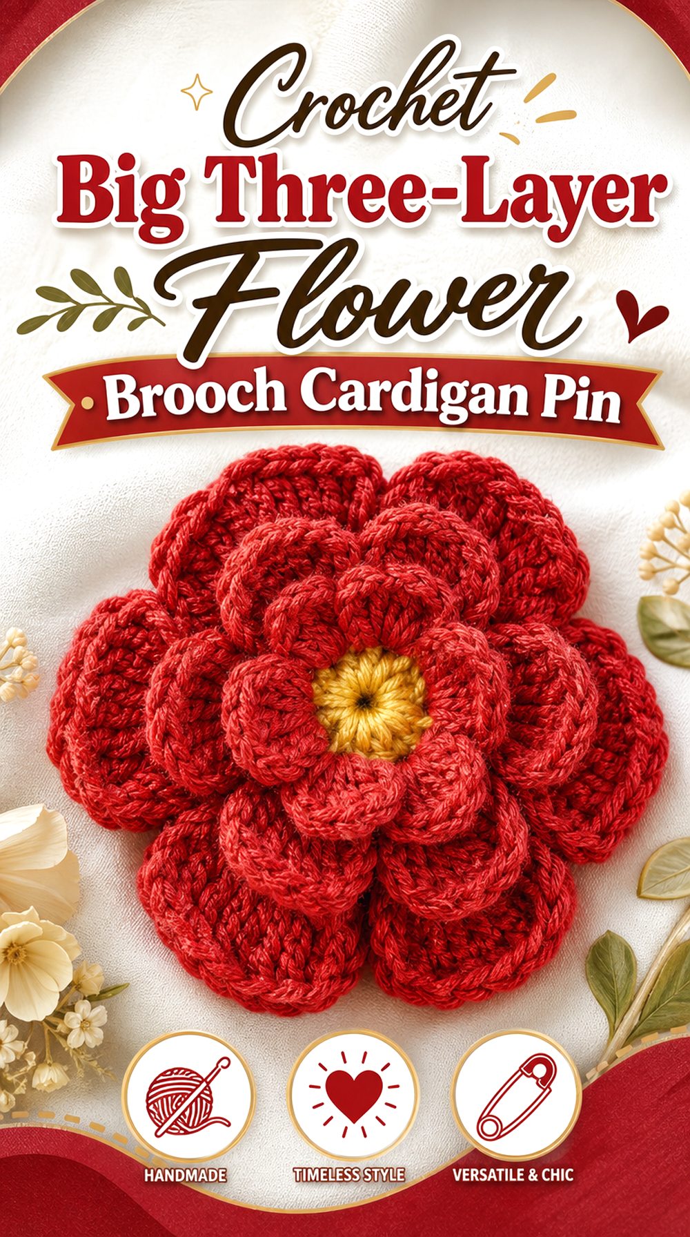 Crochet Big Three Layer Flower Brooch Cardigan Pin