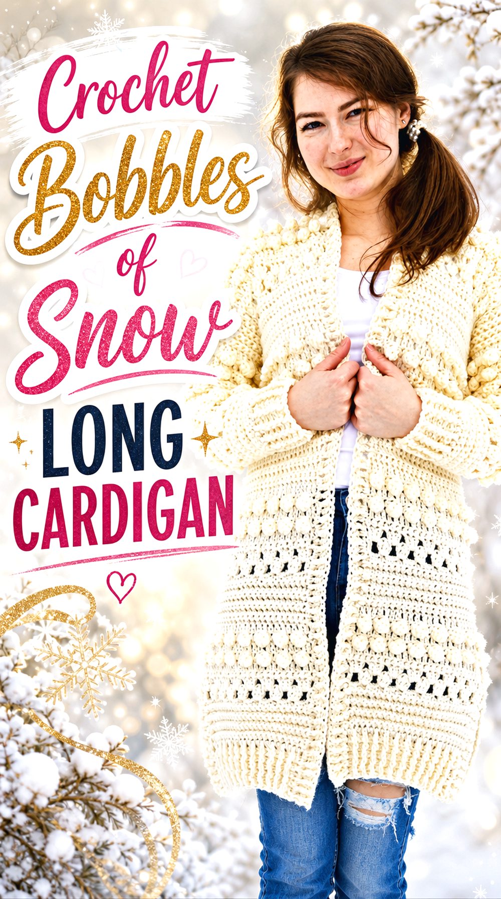 Crochet Bobbles of Snow Long Cardigan