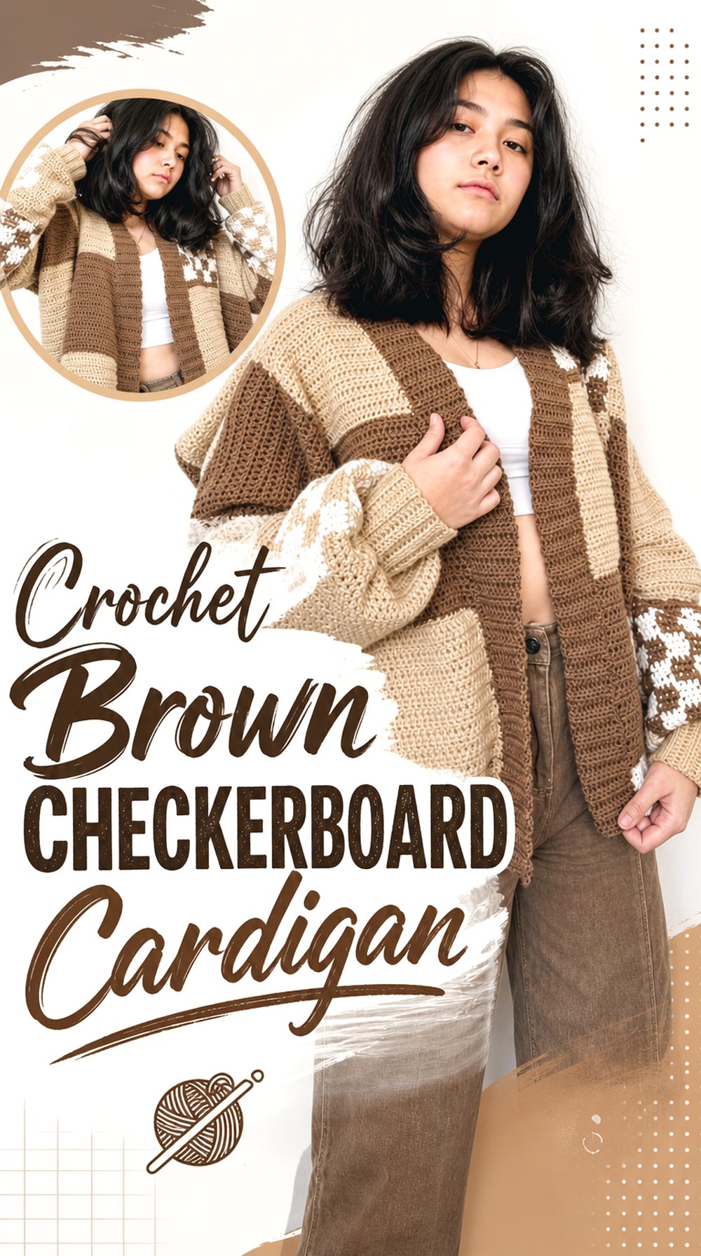 Crochet Brown Checkerboard Cardigan