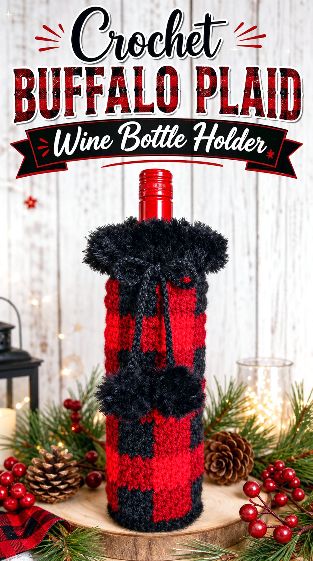 Crochet Buffalo Plaid Wine Bottle Holder