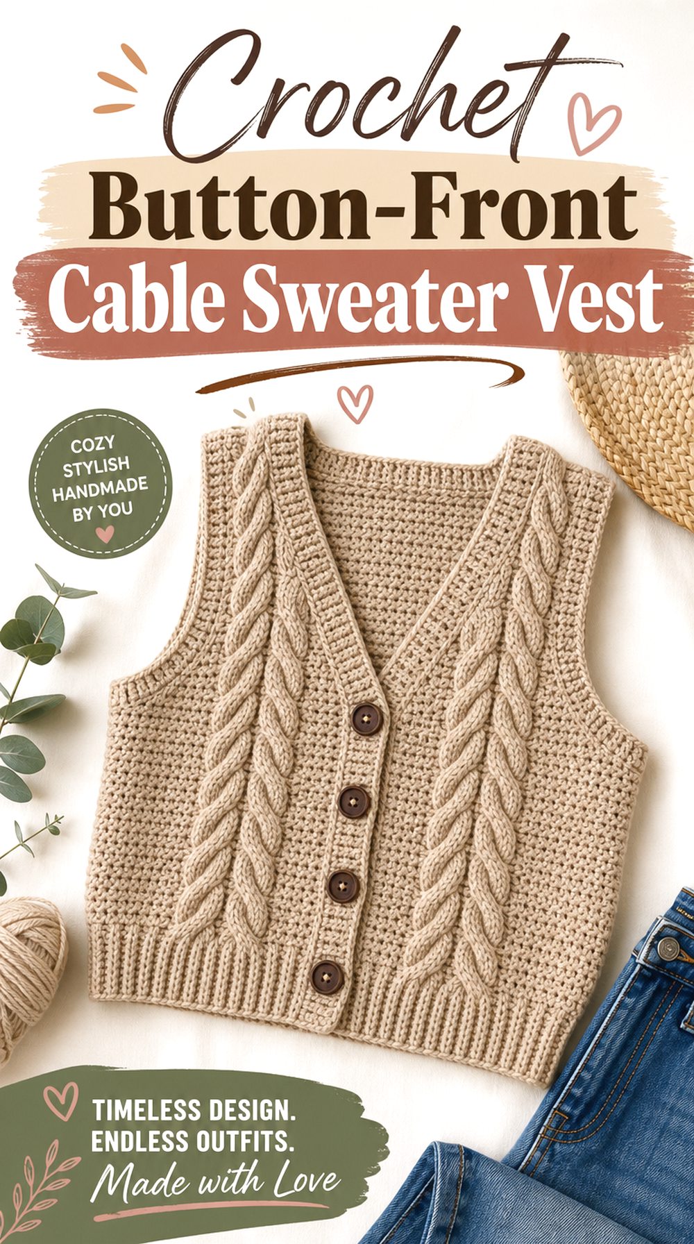 Crochet Button Front Cable Sweater Vest