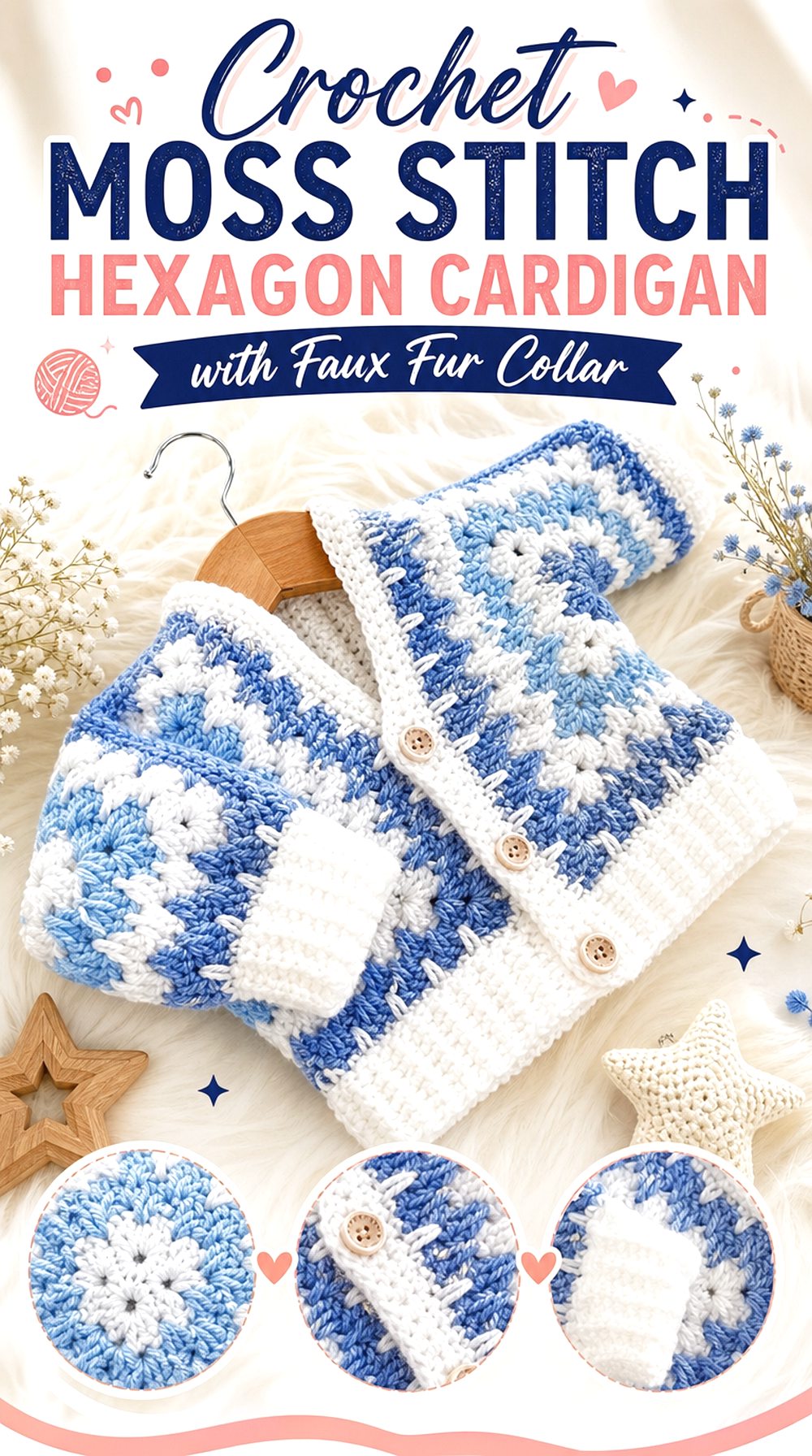 Crochet Buttoned Hexagon Cardigan with Faux Fur Front Bands