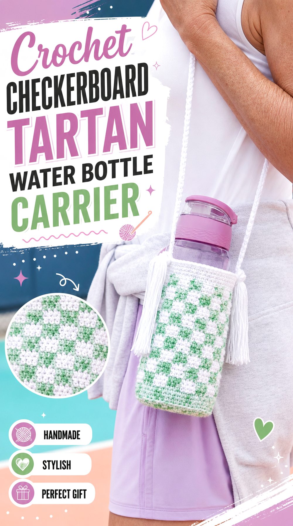 Crochet Checkerboard Tartan Water Bottle Carrier