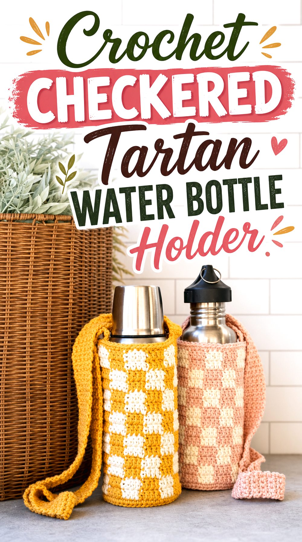 Crochet Checkered Tartan Water Bottle Holder