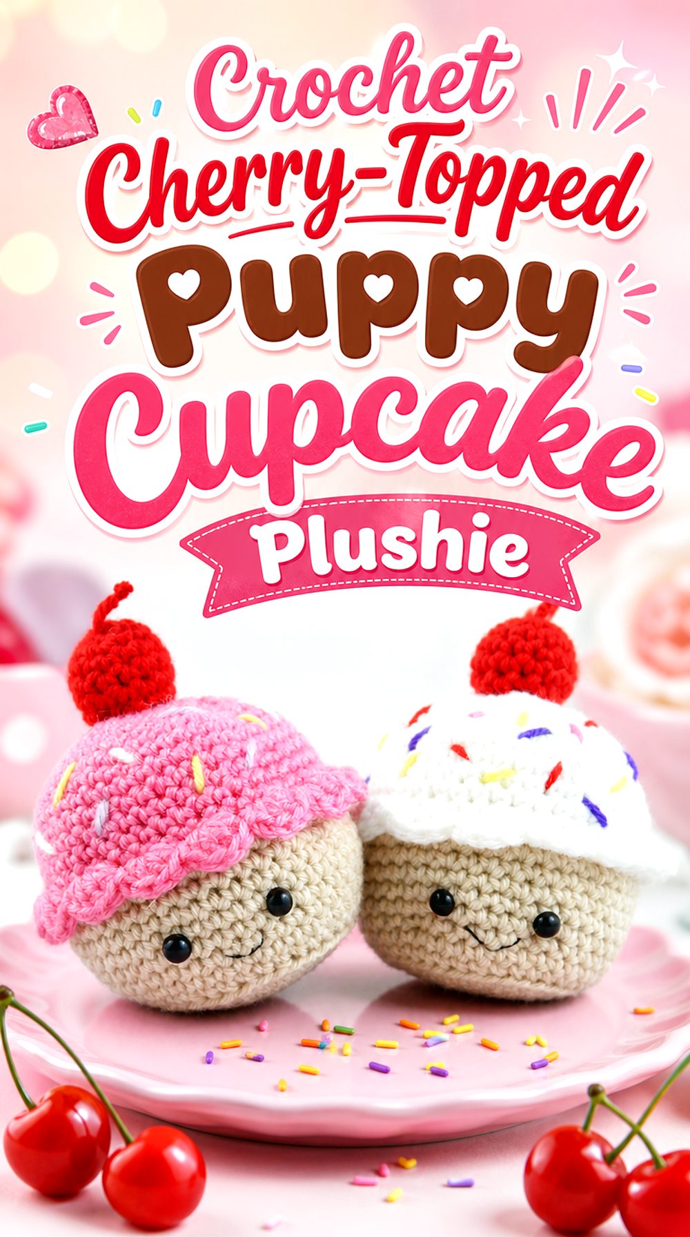 Crochet Cherry Topped Puppy Cupcake Plushie