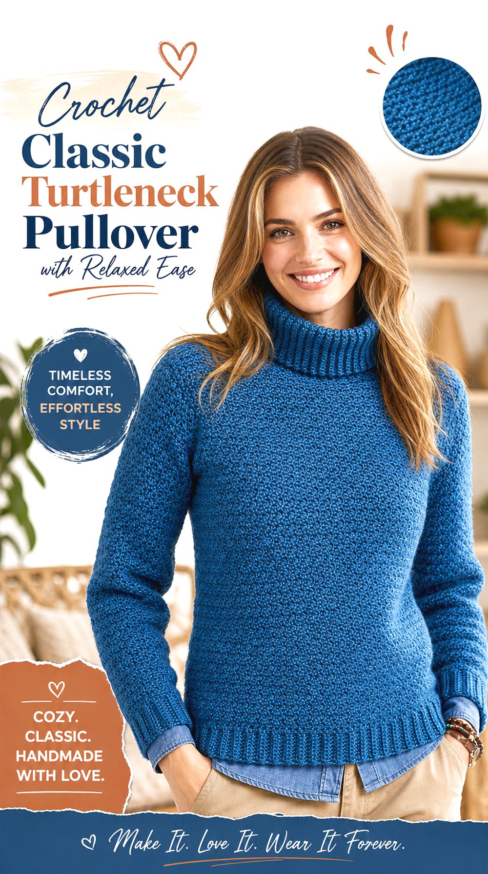 Crochet Classic Turtleneck Pullover with Relaxed Ease