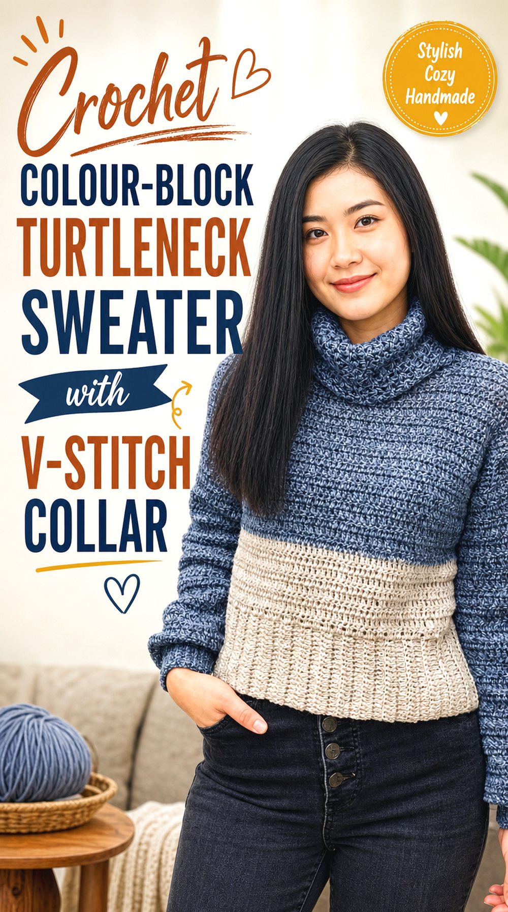 Crochet Colour Block Turtleneck Sweater with V Stitch Collar