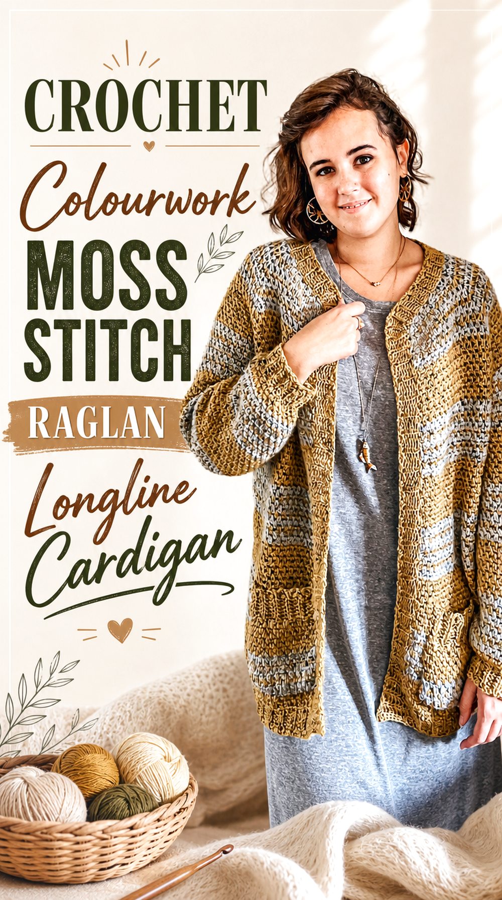 Crochet Colourwork Moss Stitch Raglan Longline Cardigan