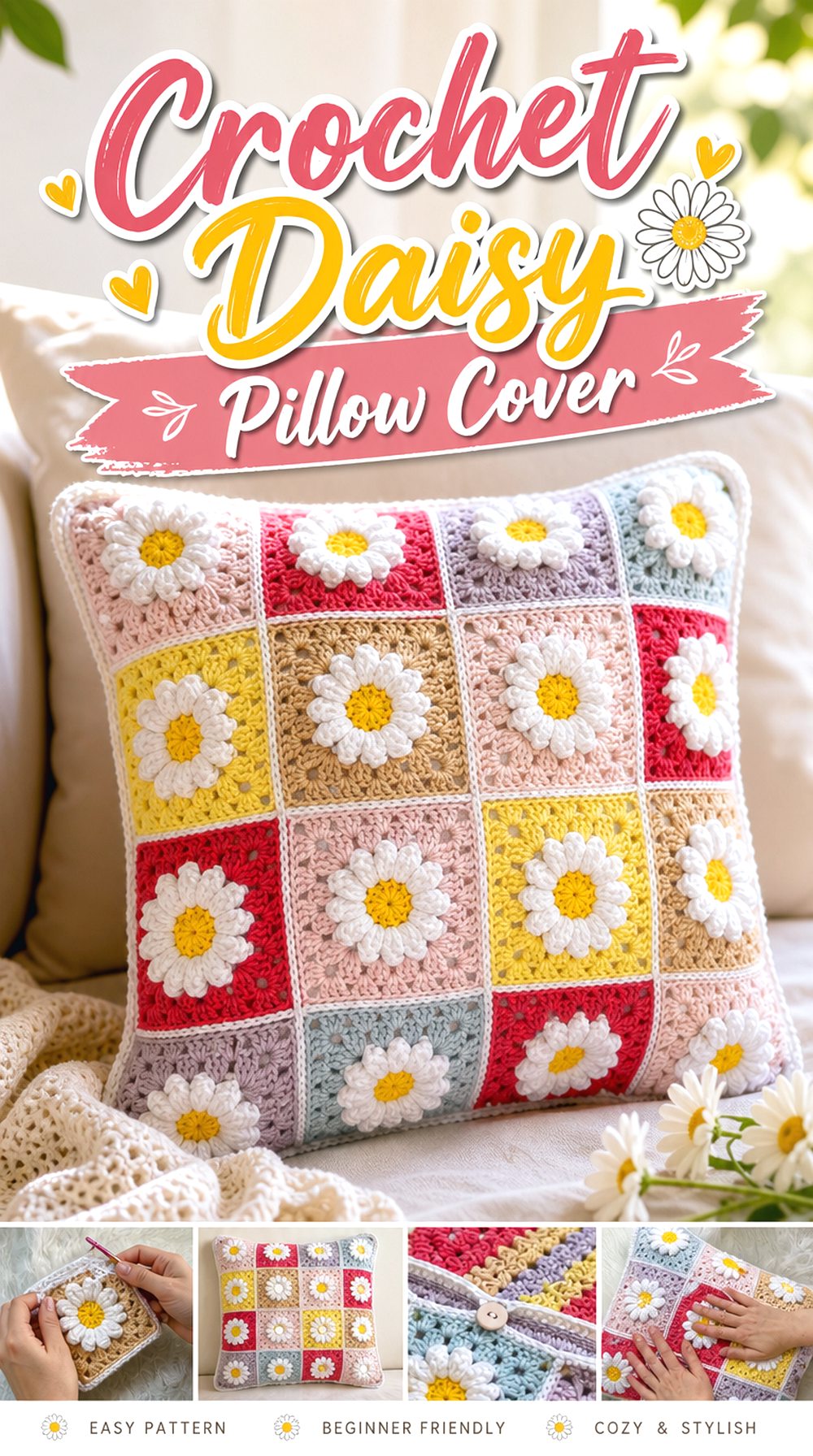 Crochet Daisy Pillow Cover
