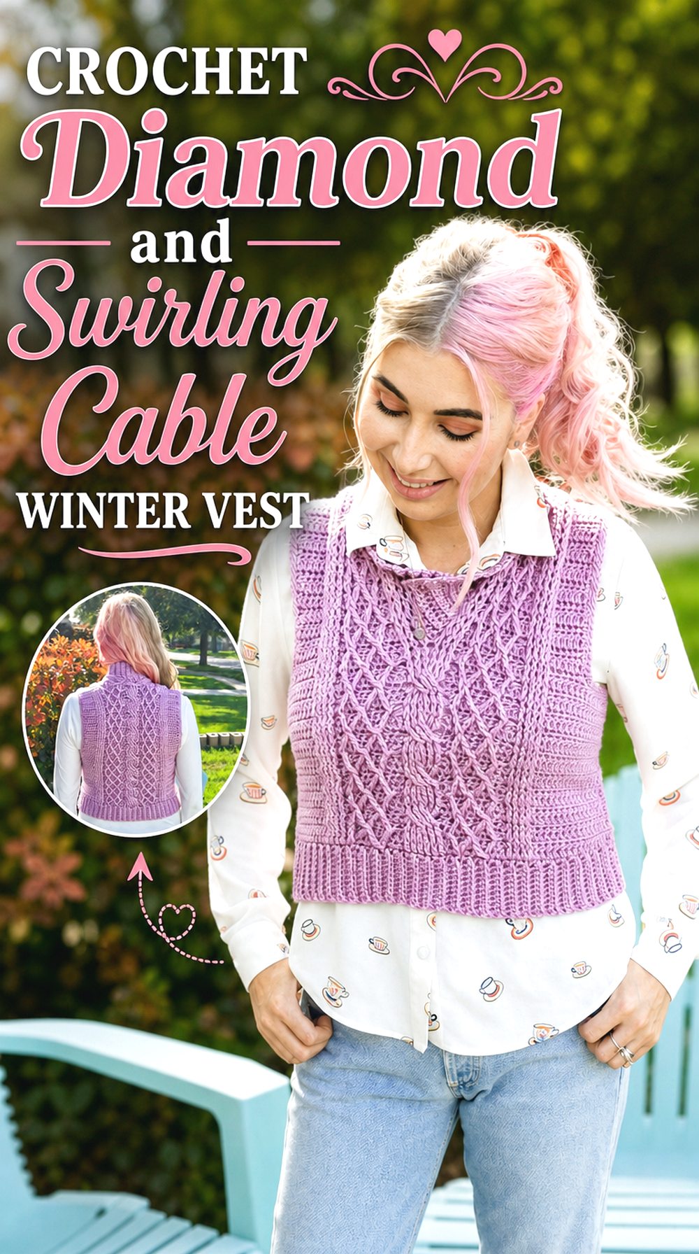 Crochet Diamond and Swirling Cable Winter Vest
