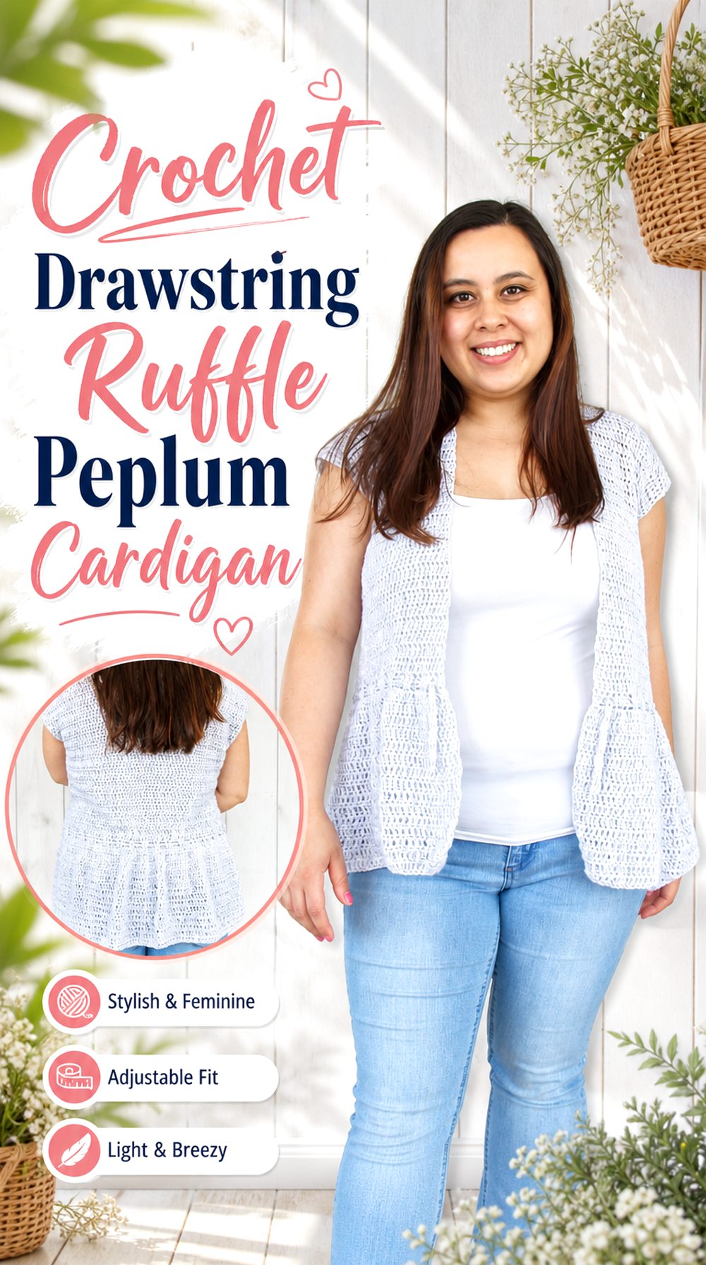 Crochet Drawstring Ruffle Peplum Cardigan