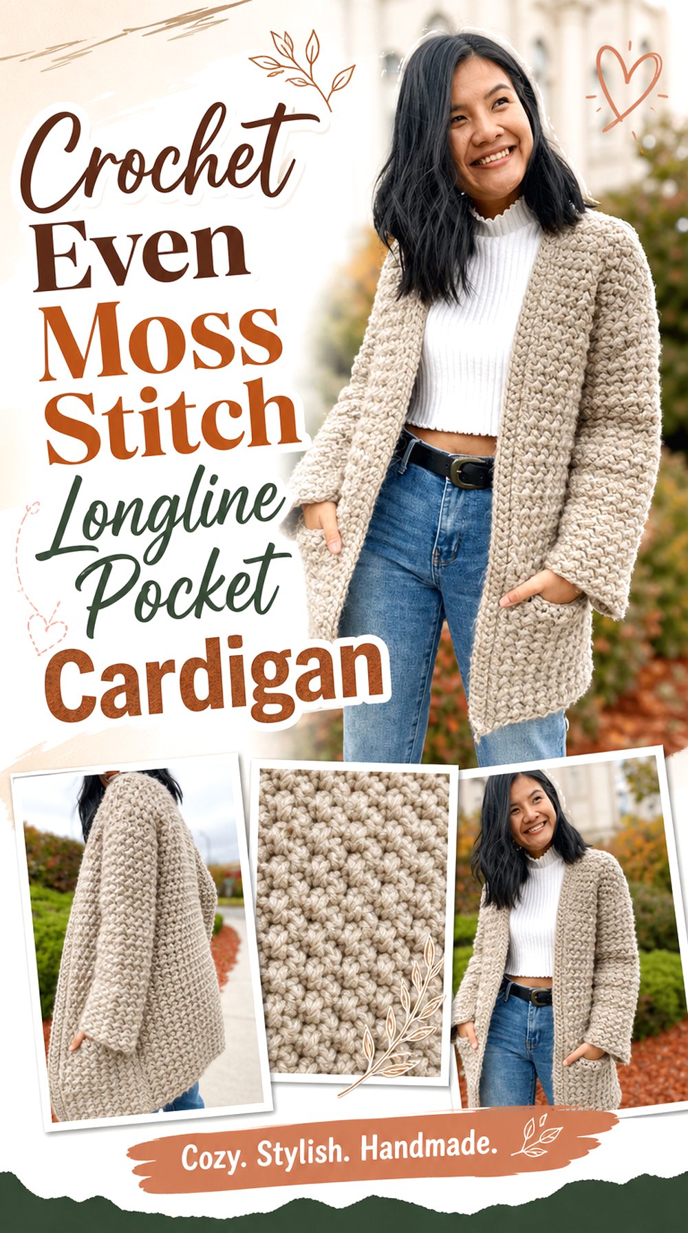 Crochet Even Moss Stitch Longline Pocket Cardigan