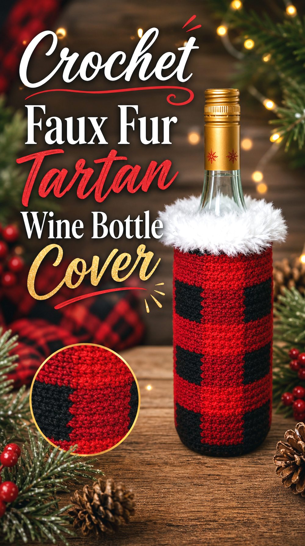 Crochet Faux Fur Tartan Wine Bottle Cover