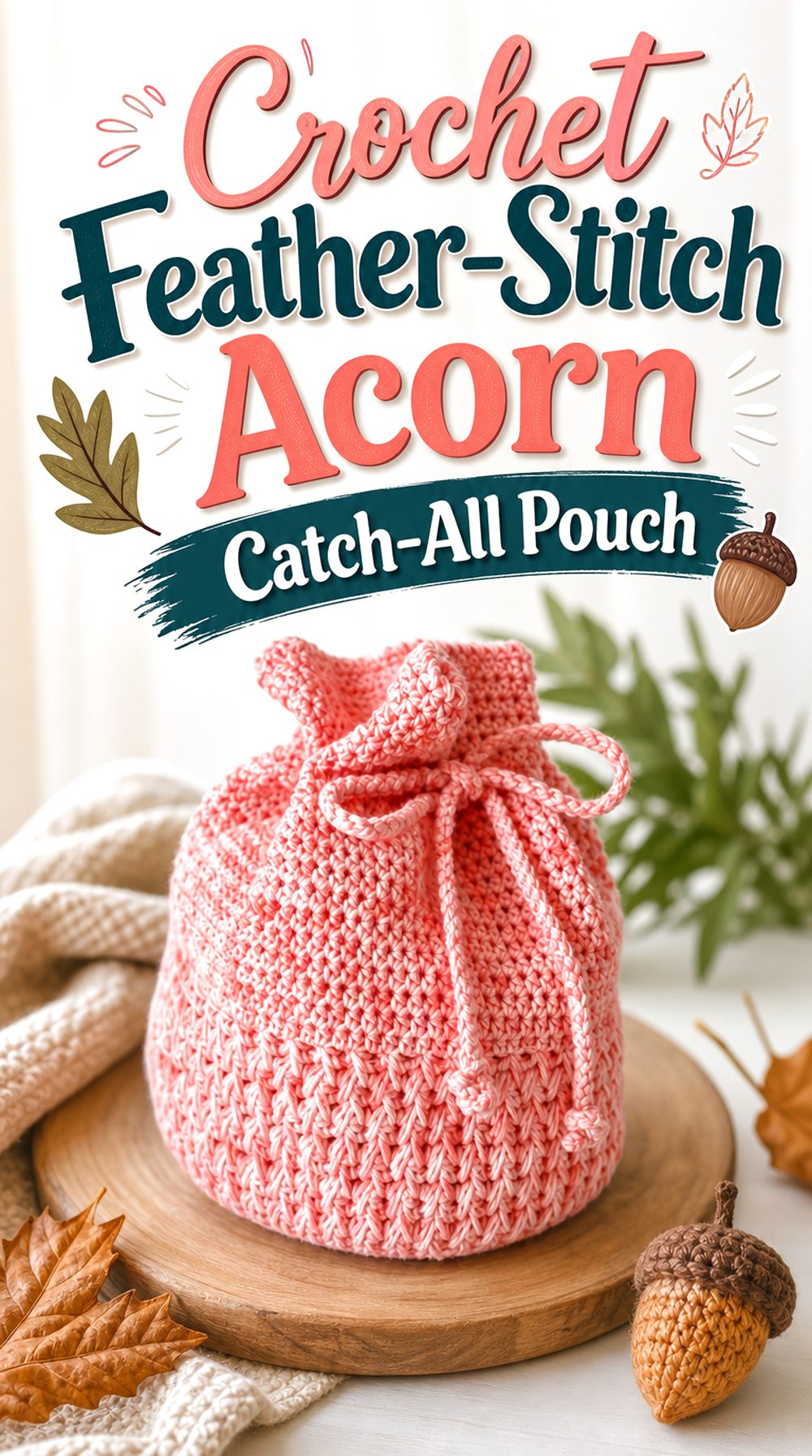 Crochet Feather Stitch Acorn Catch All Pouch