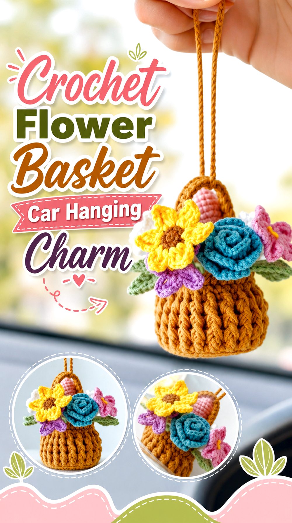 Crochet Flower Basket Car Hanging Charm