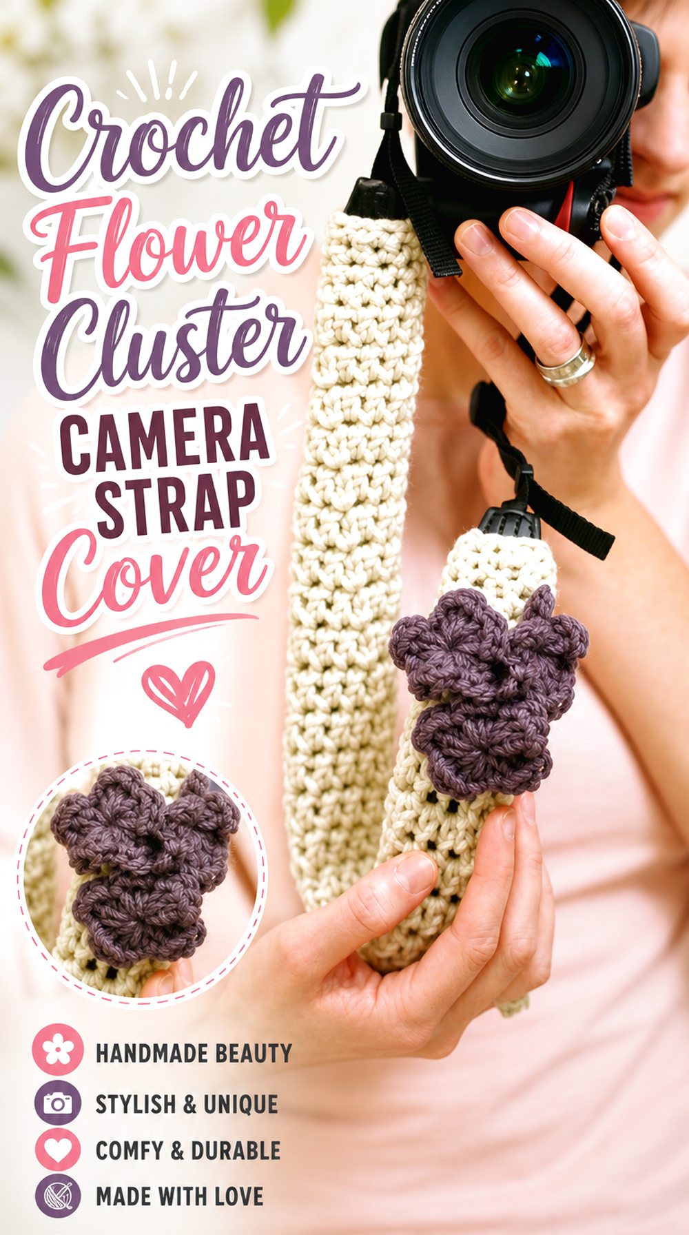 Crochet Flower Cluster Camera Strap Cover