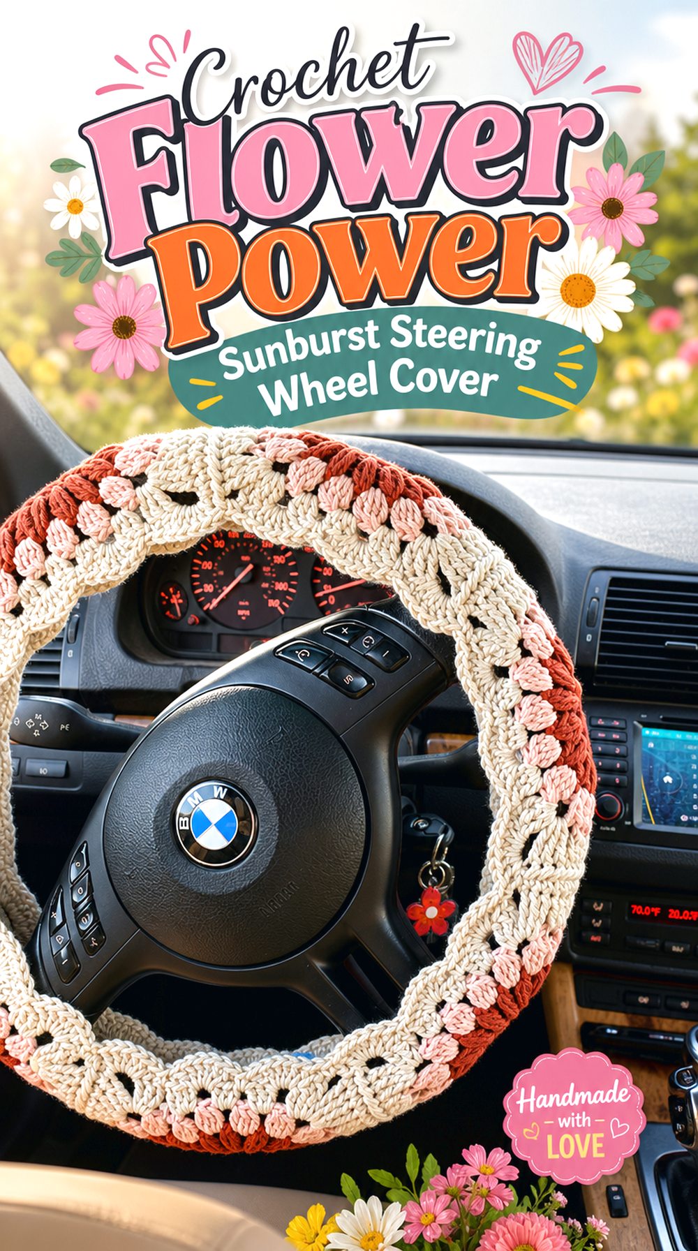 Crochet Flower Power Sunburst Steering Wheel Cover