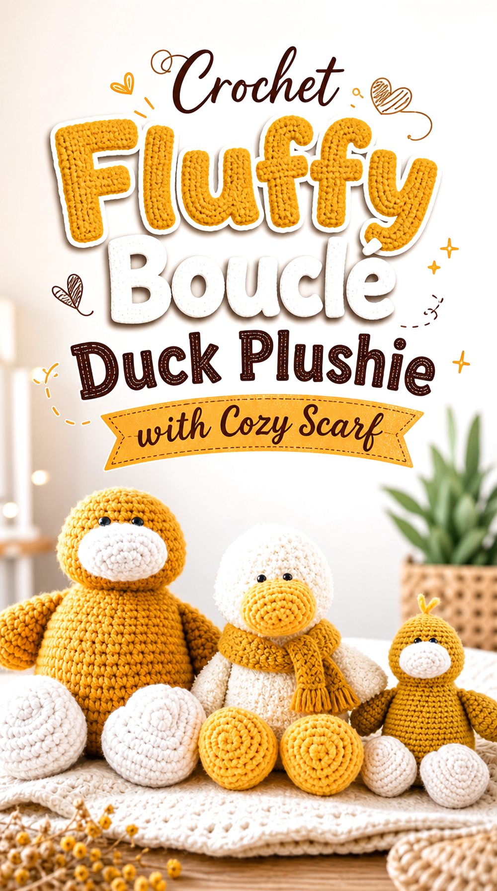 Crochet Fluffy Bouclé Duck Plushie with Cozy Scarf