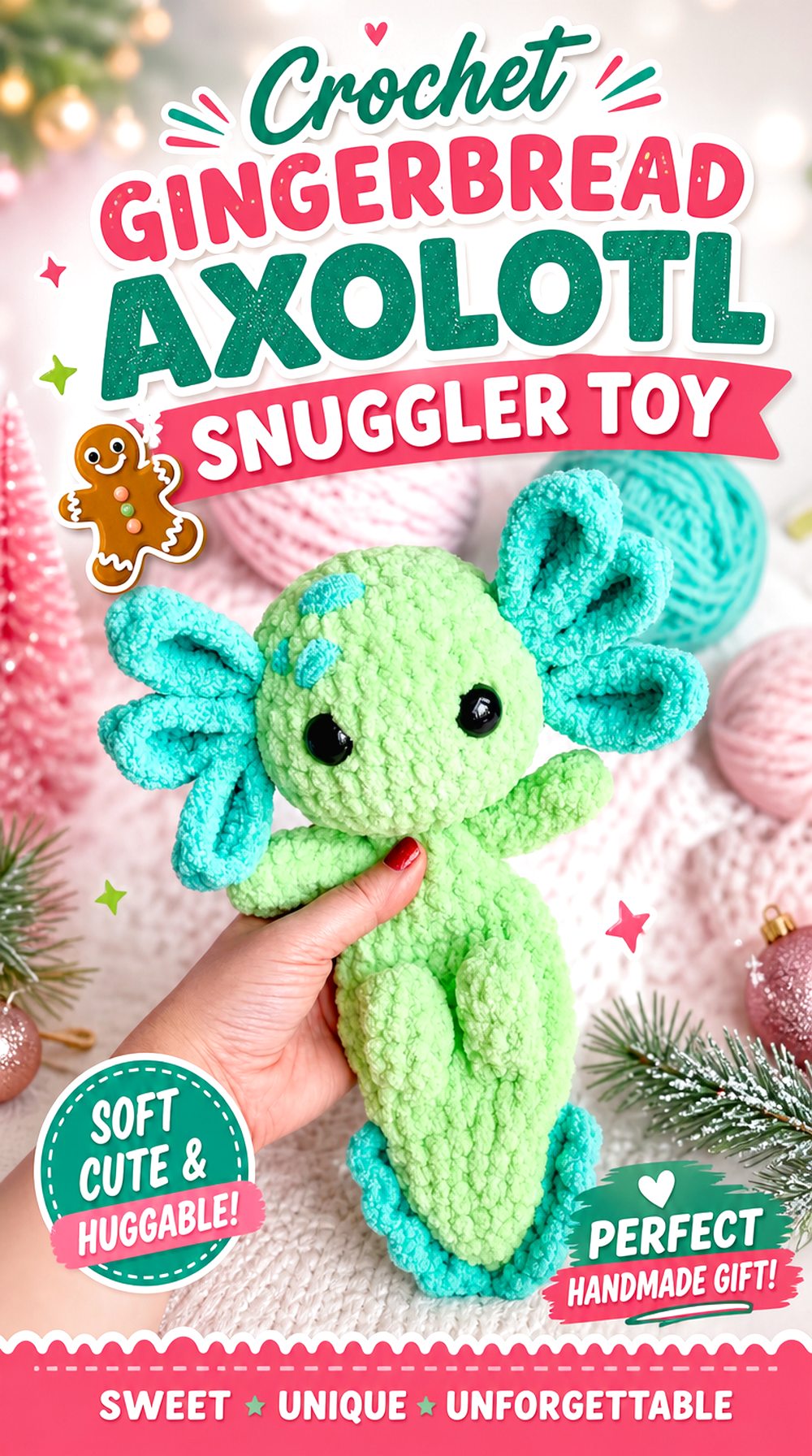 Crochet Gingerbread Axolotl Snuggler Toy
