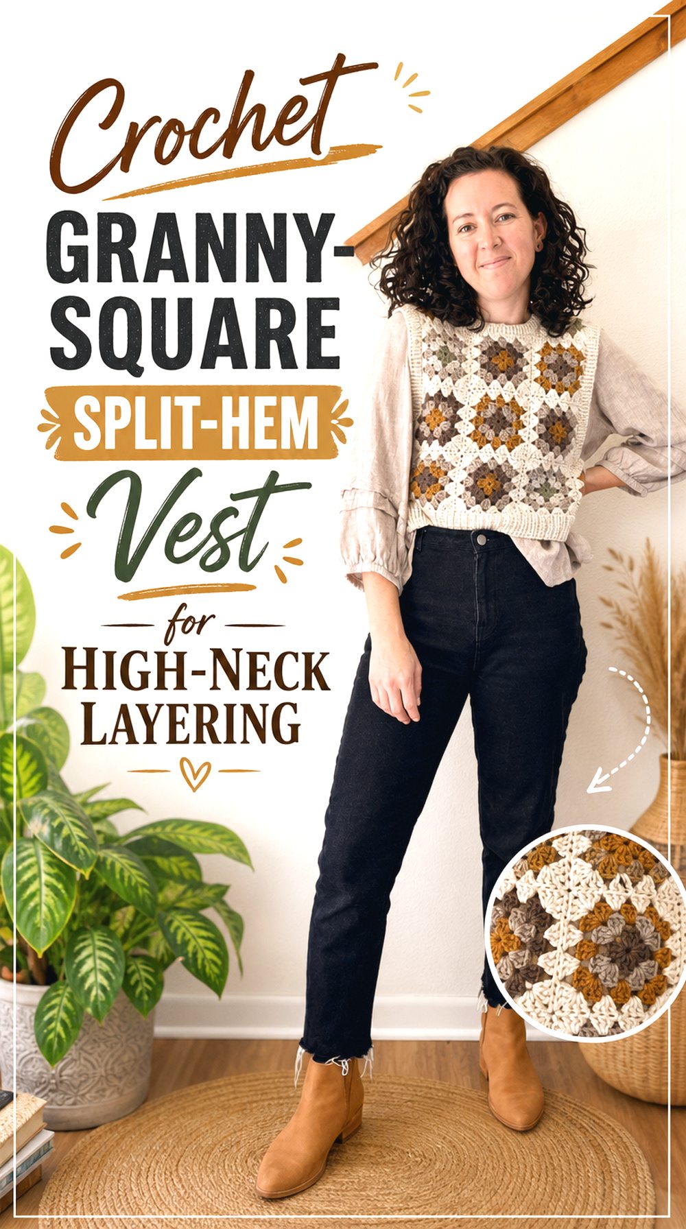 Crochet Granny Square Split Hem Vest for High Neck Layering
