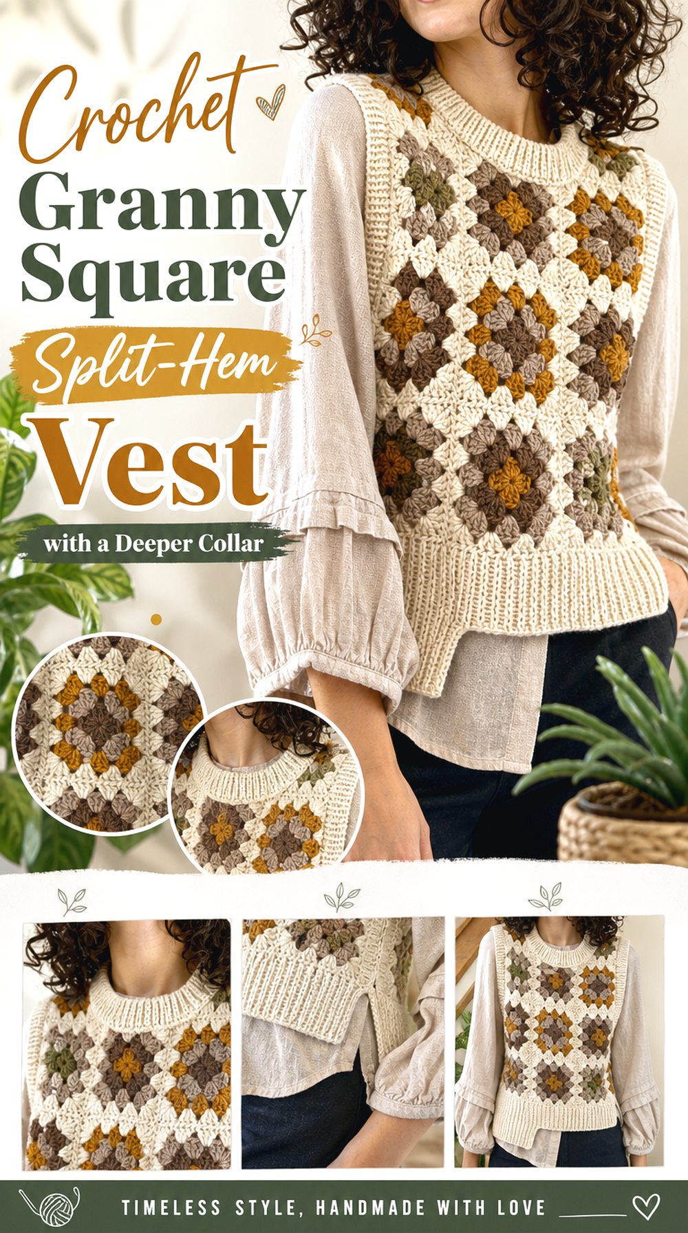 Crochet Granny Square Split Hem Vest with a Deeper Collar