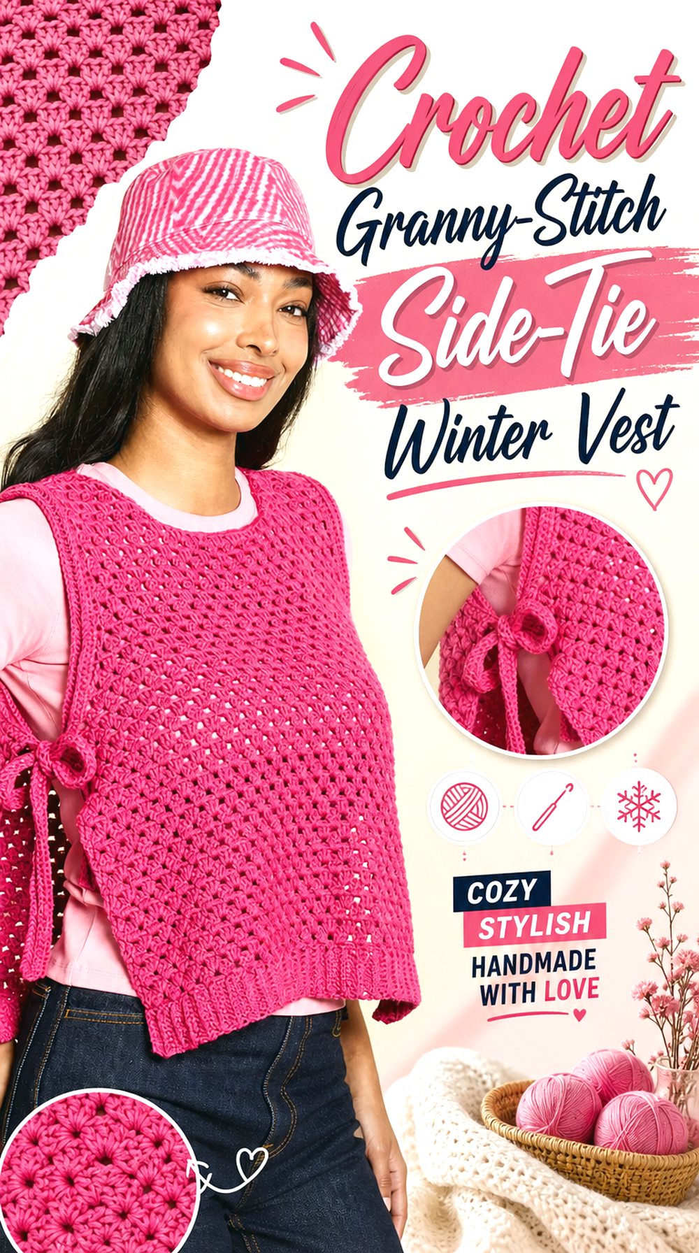 Crochet Granny Stitch Side Tie Winter Vest