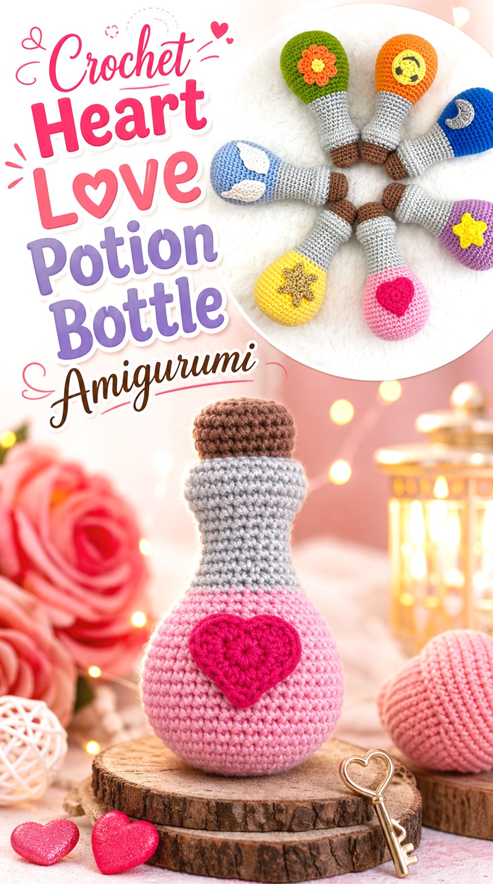 Crochet Heart Love Potion Bottle Amigurumi