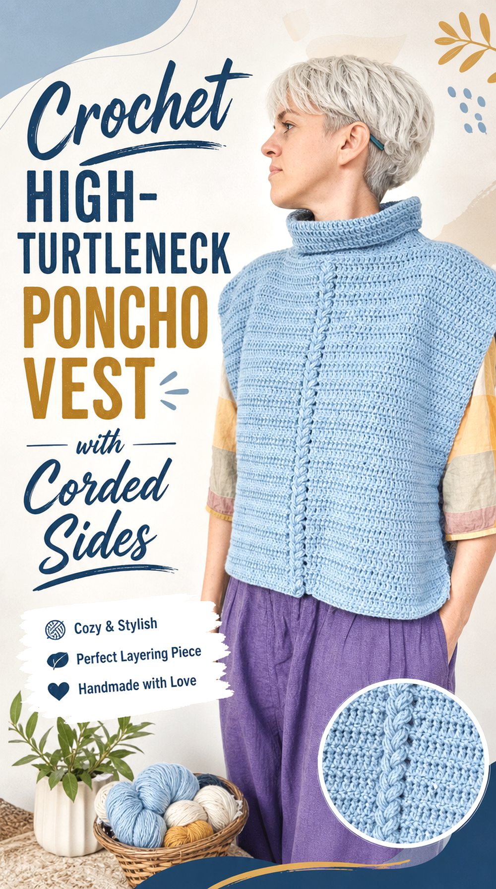 Crochet High Turtleneck Poncho Vest with Corded Sides