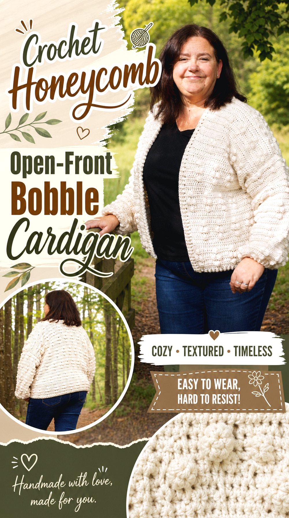 Crochet Honeycomb Open Front Bobble Cardigan