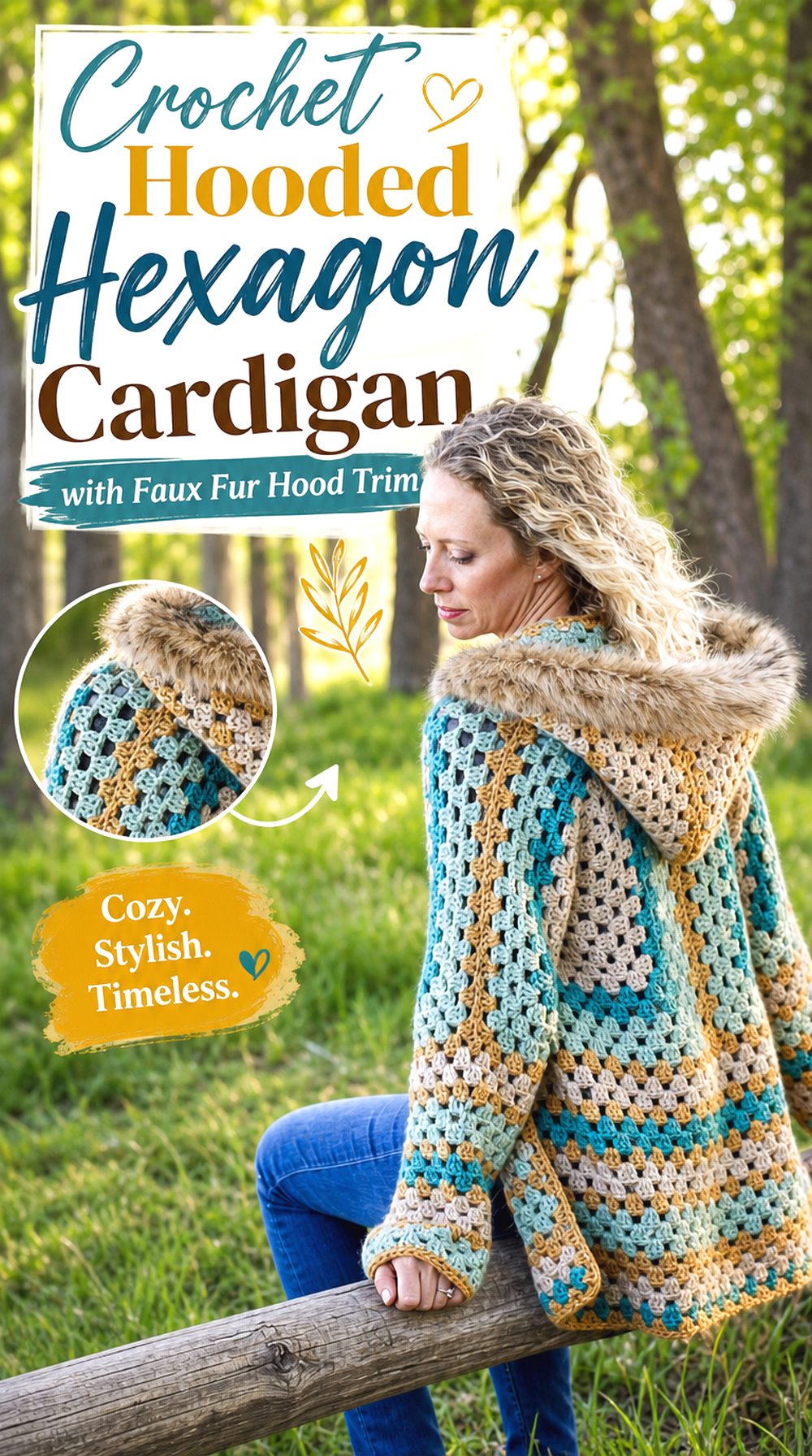 Crochet Hooded Hexagon Cardigan with Faux Fur Hood Trim