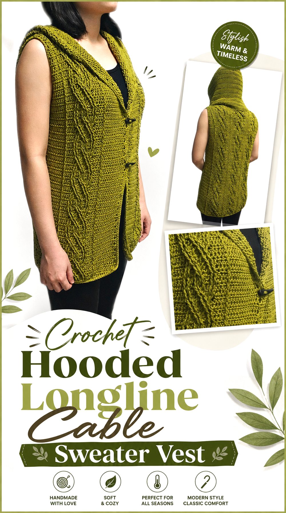 Crochet Hooded Longline Cable Sweater Vest